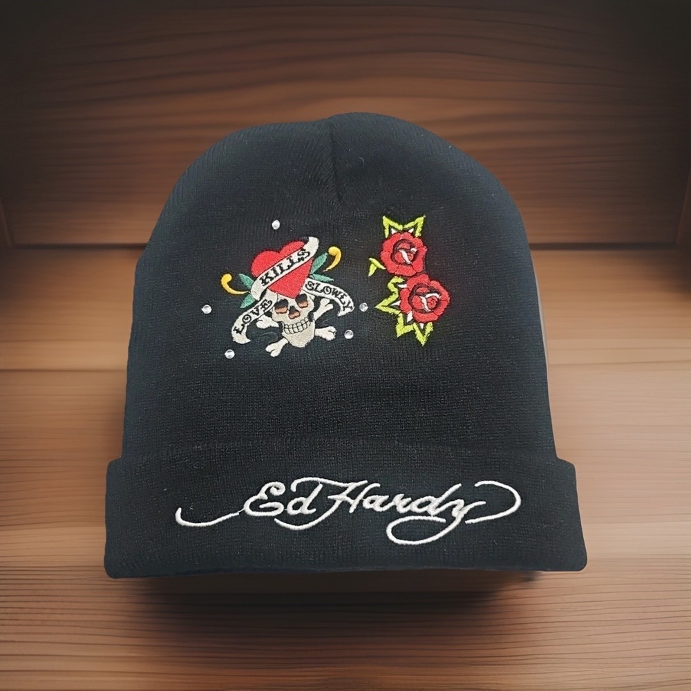 100% Authentic  Ed Hardy Christian Audigier Beanie Cap Hat Love Kills Slow Skull